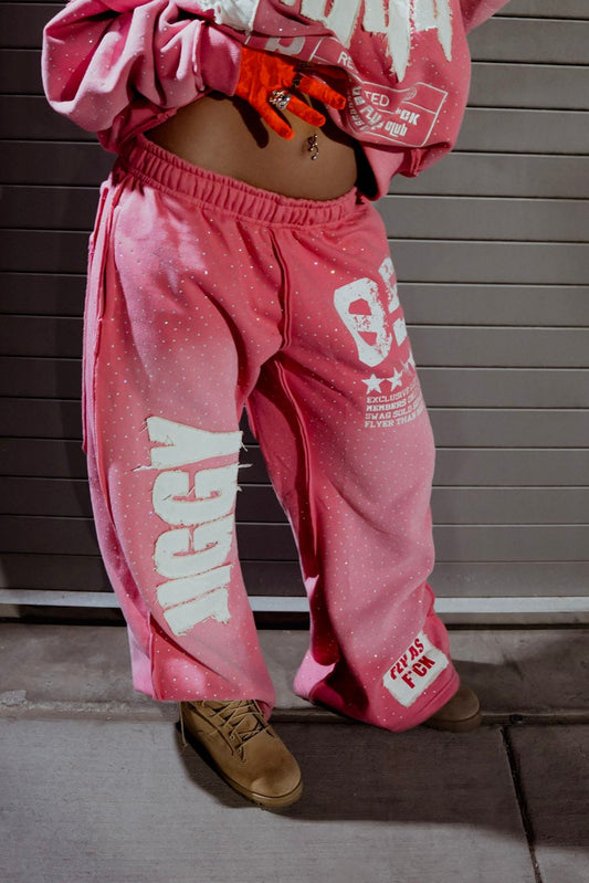 PINK BAGGY RHINESTONE SWEATS